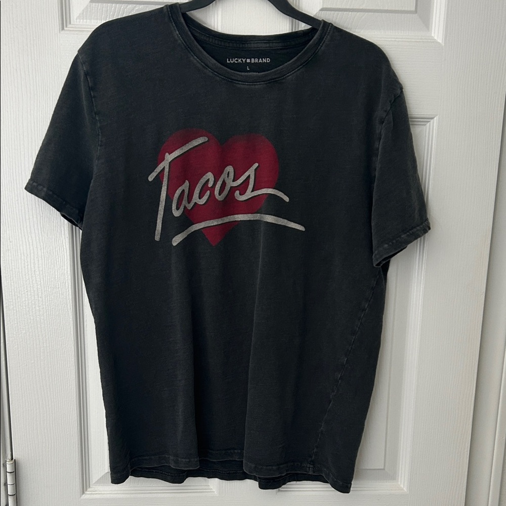 Lucky Brand Charcoal Tee with Red Heart and Tacos Script